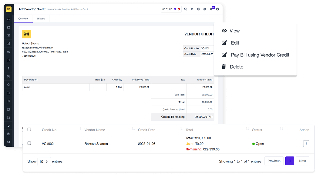 Purchase Management Vendor Credits